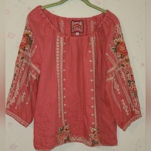 Johnny Was Coral Embroidered Blouse